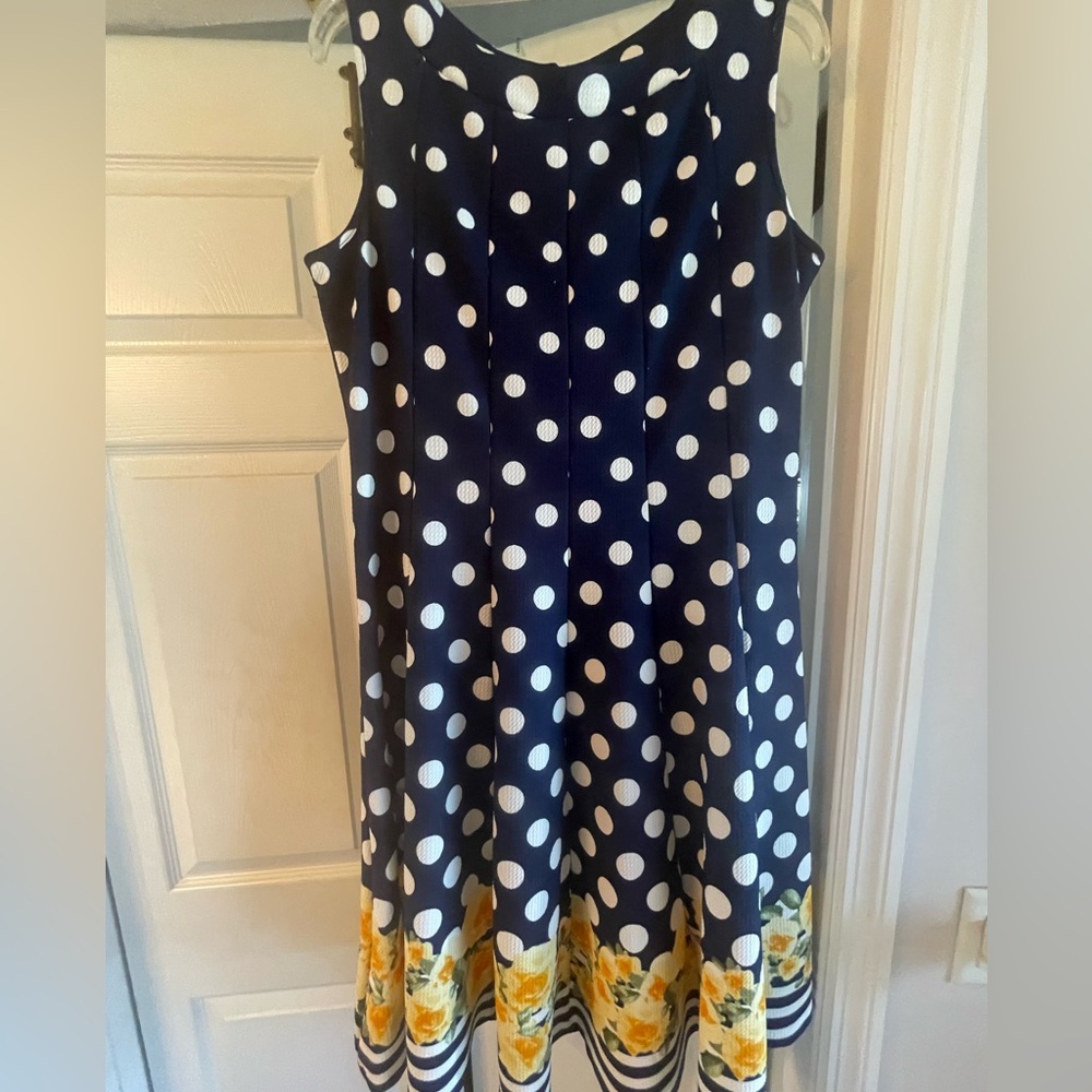 Haani blue & white polka dot summer dress with floral border; PXL